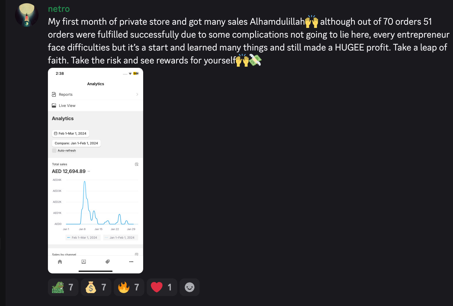 Student result screenshot from the Halal Hustle community