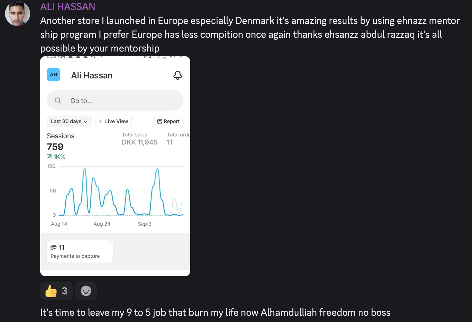 Student result screenshot from the Halal Hustle community