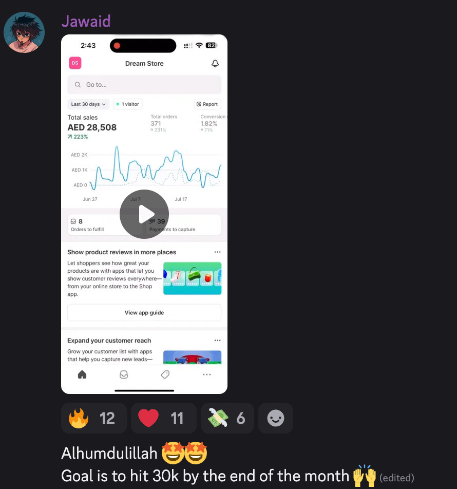 Student result screenshot from the Halal Hustle community