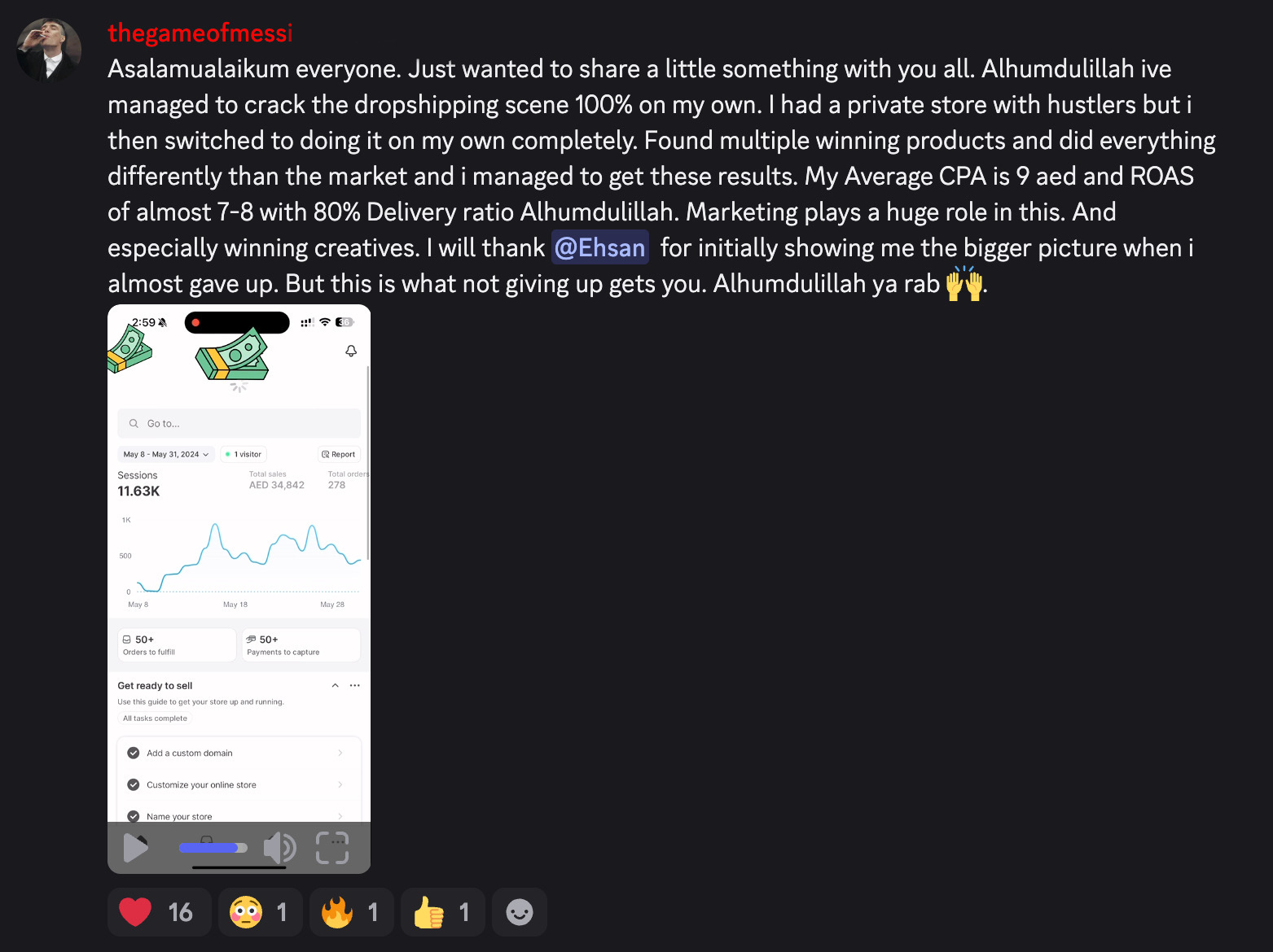 Student result screenshot from the Halal Hustle community