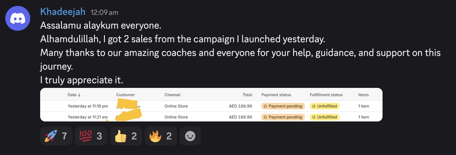 Student result screenshot from the Halal Hustle community