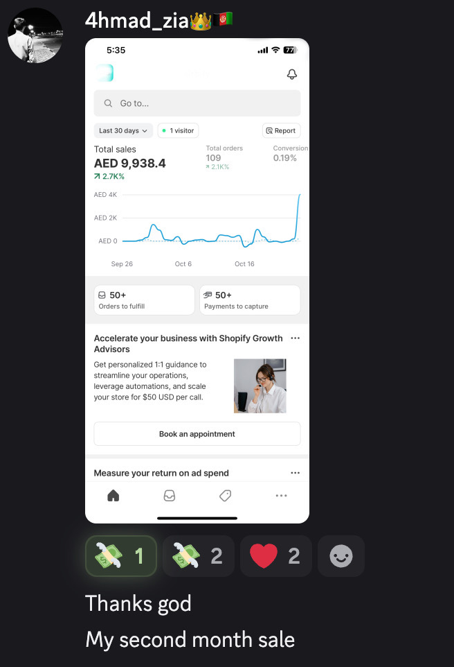 Student result screenshot from the Halal Hustle community