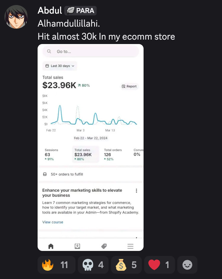 Student result screenshot from the Halal Hustle community