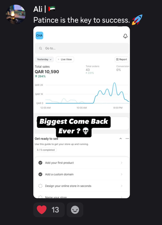 Student result screenshot from the Halal Hustle community
